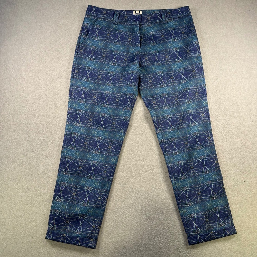 Adolfo Dominguez U Blue Geometric Kaleidoscope Print Cuffed Trousers Pants 40
